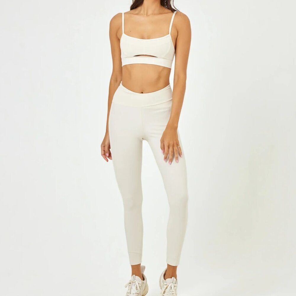 NWT $198 L*SPACE 2-PC SET Rush Sports Bra LRG & Mercer Legging MED Cream Ribbed